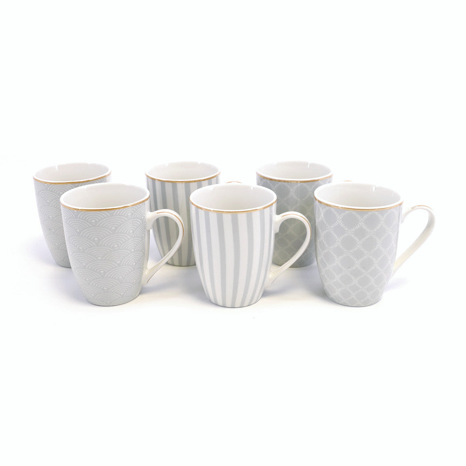 Set 6 Grey Stripe, Net And Rainbow Mug In Hat Box