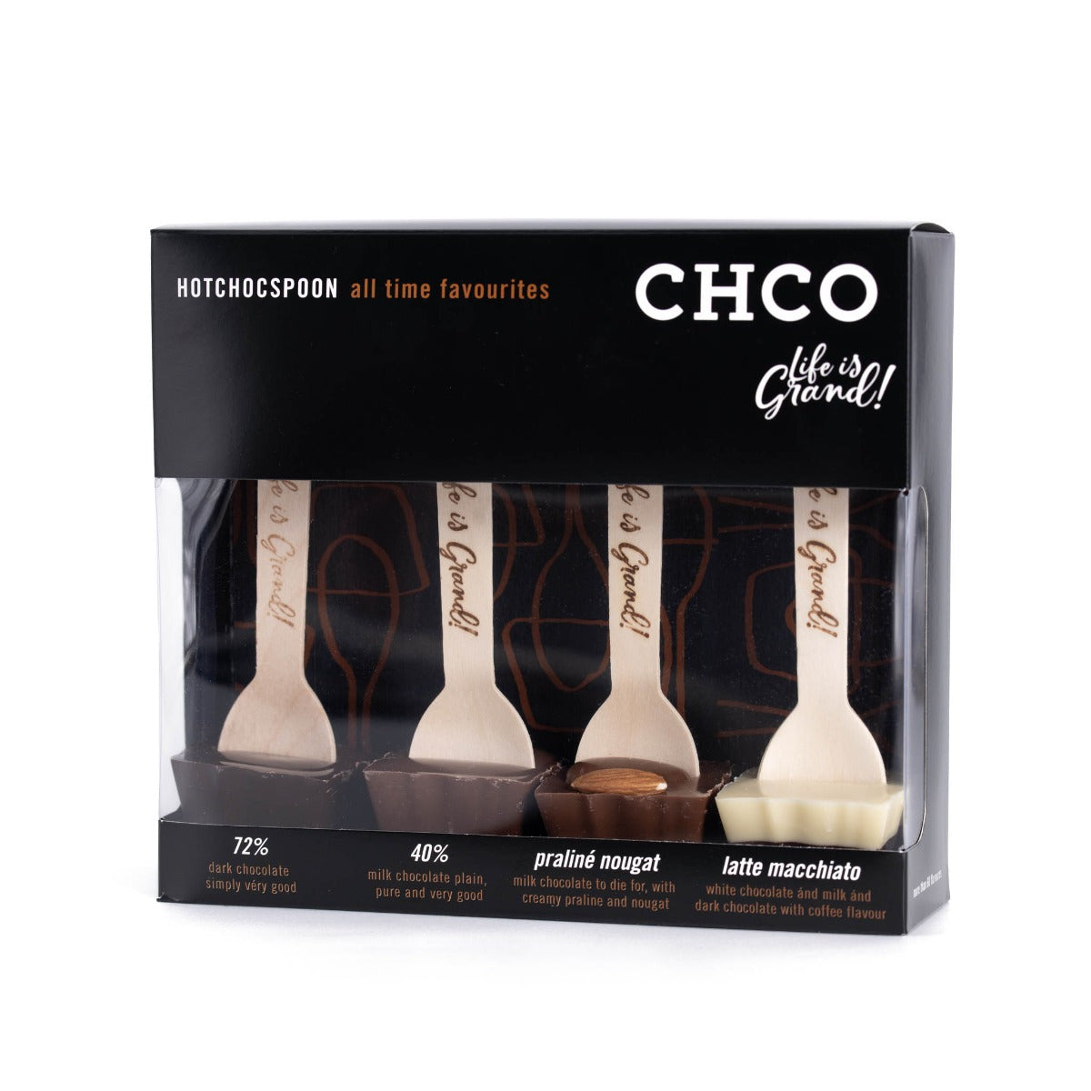 Hotchocspoon Favourites Collection (72%, 40%, Praline & Latte Macchiato) 201g