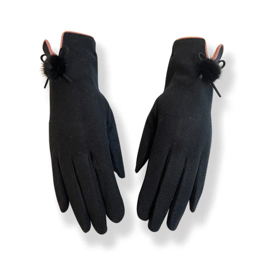 Couthie Ladies Gloves - Plain Black With Pom Pom