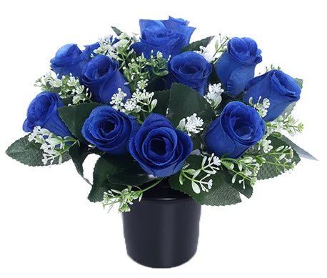 Cemetery Pot with Royal Blue Artificial Flowers