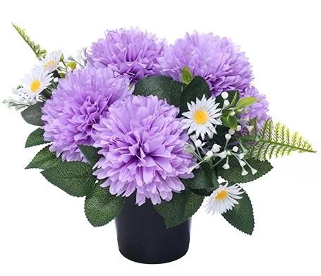 Cemetery Grave Vase Pot - Lilac Chrysanthemums & Foliage