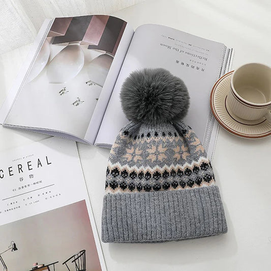 Pom Pom Fairisle Style Hat Grey