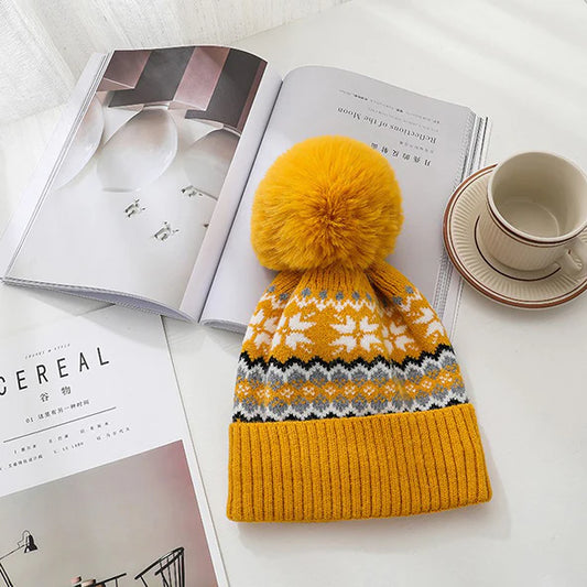 Pom Pom Fairisle Style Hat Yellow