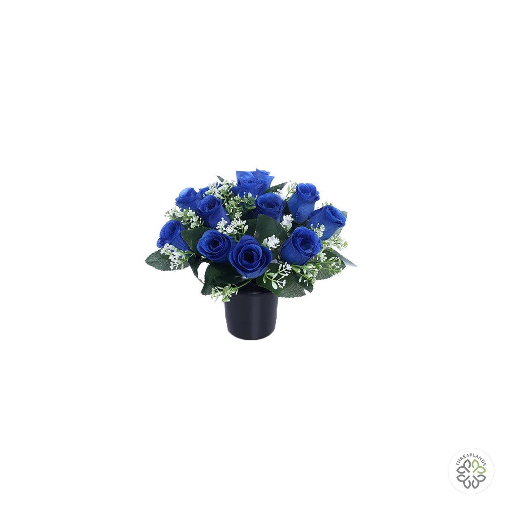 Cemetery Pot with Royal Blue Artificial Flowers [optimised-1040-watermarked]