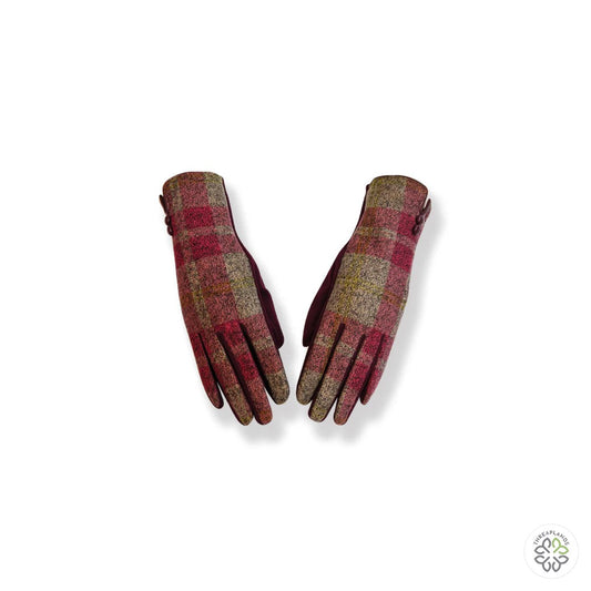 Couthie Ladies Gloves - Pink Check With Button - Threaplands [optimised-1040-watermarked]