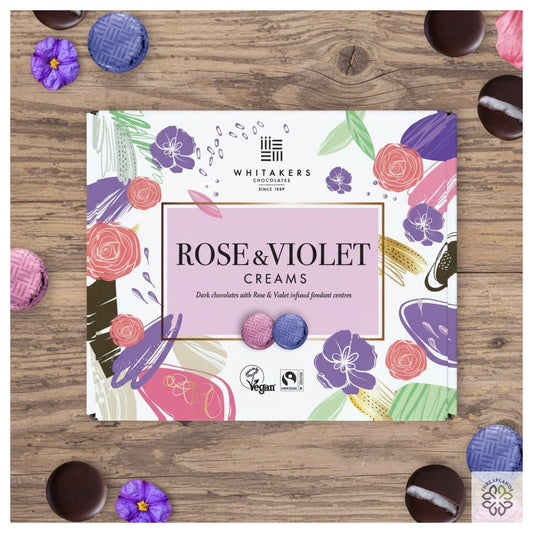 Whitakers Dark Chocolate Rose & Violet Fondant Creams (200g)  Fairtrade, Vegan [optimised-1040-watermarked]