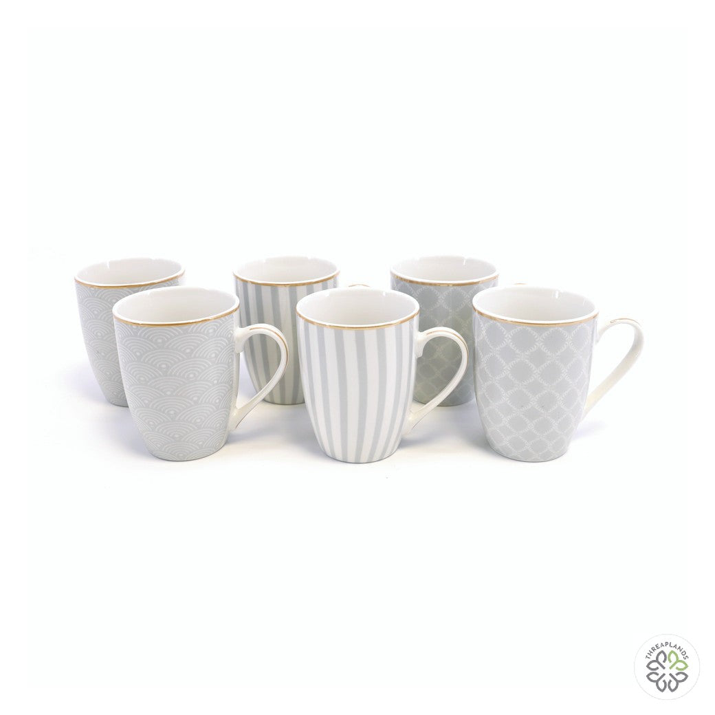 Set 6 Grey Stripe, Net And Rainbow Mug In Hat Box - Threaplands [optimised-1040-watermarked]
